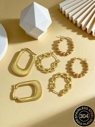 Gold Geometric-Shaped Stainless Steel Earrings, Gold-Plated Stainless Steel Jewelry, Ladies' Earrings, Ring-Shaped Ear Hoops, Pituitary Earrings, Gold-Plated Hinge Round Earrings, Bamboo, Texture, Diamond Cutting, Hexagon, Square, Round, Butterfly Shape, Design, Sturdy And Low-Allergy Earrings Suitable For Sensitive Ears, Charming Accessories For Ladies, Middle Eastern Fashion Accessories, Ramadan Decorative Accessories And Accessories, Party And Festival Gifts (1/3 Pairs)