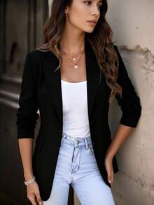 Bamboo Fashion Blazer alfataria com forro Fina de Mulher Cor Solida com botão feminino casaco elegante social coleção nova Blazer Curto para Mulheres, DesignChigue,Primavera Outono - Preto - Visão 2