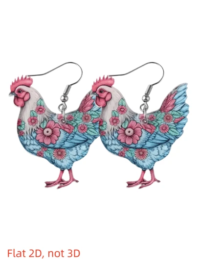 2D西部风格小鸡吊坠耳环 - 充满活力的花卉亚克力农舍风首饰，轻盈多彩的设计，适合日常佩戴，俏皮的配饰，乡村魅力