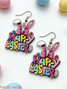 2D Easter Bunny Ear Pendant Earrings, Cute Rabbit Ear Design, Flat Acrylic Earrings, Exquisite Holiday Gift, Suitable For Daily And Holiday Casual Wear - Happy Easter Letters - View 7