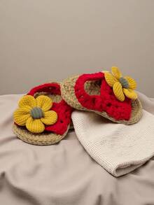 1 双手工钩编婴儿凉鞋，饰以黄色向日葵，米色 - 紅色 - 查看 6