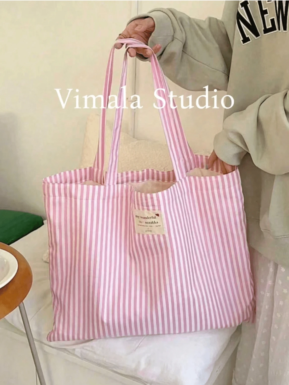 Vintage Striped Canvas Tote Bag, Women's Large Capacity Striped Canvas Tote Bag - Fashion Shoulder Bag, Suitable For Travel And Shopping, Bright Red And White Stripes, Large Capacity, Versatile, Washable - No Buckle, Daily Handbag, Casual Daily Tote Bag , Beach Bag , Office - 粉色 - 查看 1