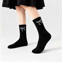 7 Paar Damen atmungsaktive Schleifchen Crew Socken, mit elegantem Schleifen Muster Stoff - weich & hautfreundlich, modische atmungsaktive Mittelhoch Sportssocken, geeignet für Outdoor-Leisure - Verschiedenfarbig - Übersicht 2