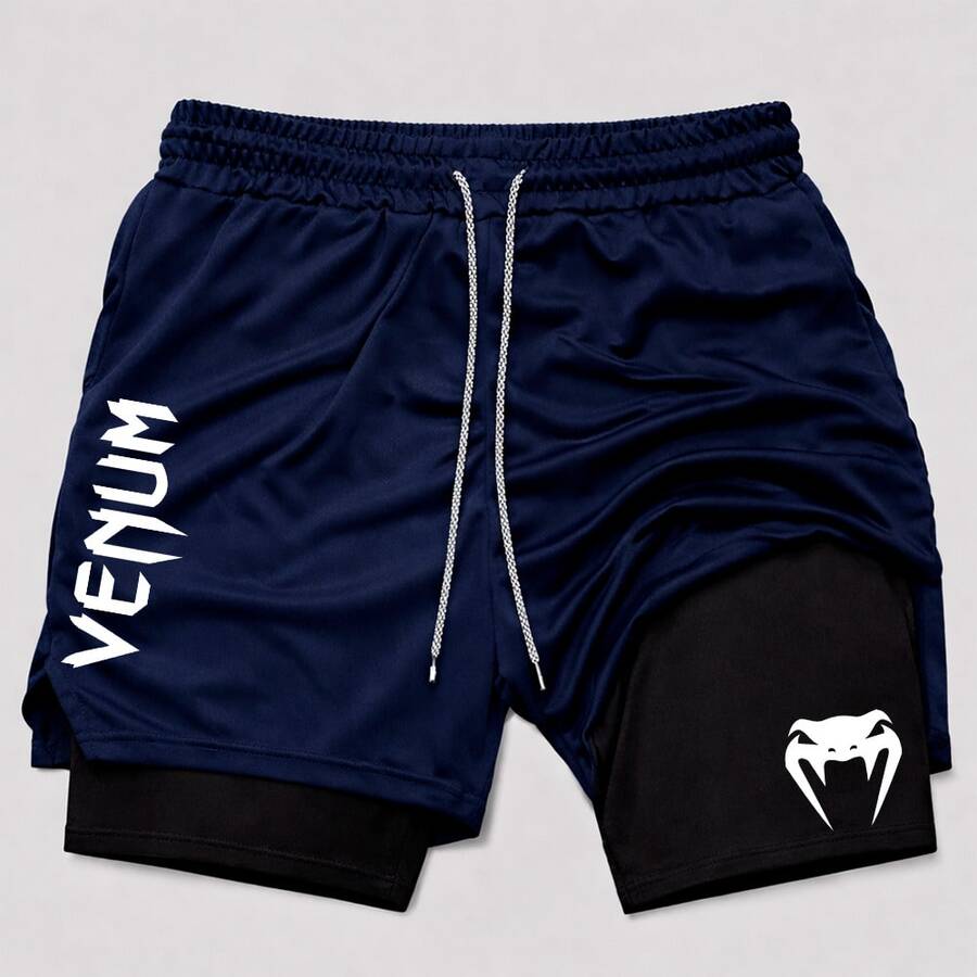 Men's 2-In-1 Compression Shorts For Gym, Fitness, And Martial Arts Training. Suitable For Workouts And Training. - Màu xanh hải quân - Xem 1