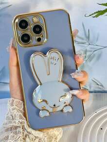 Bunnies New Electroplated Long Ear Rabbit Phone Case, Electroplated Anti-Drop Phone Case + Electroplated Hidden Stand + Full Phone Case Set, Compatible With IPhone 11/12/13/14/16 Pro Max, S22/23/24+, 13C/Note 14 Pro Plus - Blue - View 4
