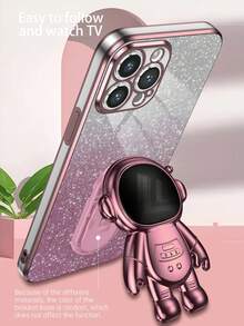 New Electroplated Glitter Transparent Case With Hidden Bracket, Astronaut Phone Case With New Electroplating Technology Anti-Drop, Compatible With Apple, 13C, /HONOR Phones - Pink - View 5