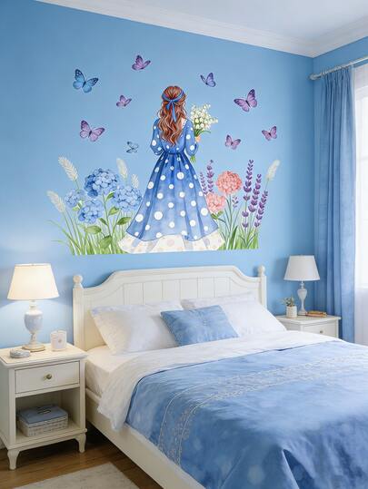 Dreamy Girl Back View With Butterfly Wall Sticker | Removable, Waterproof, Tear & Stick Watercolor Art Decal, Suitable For Girls Bedroom, Dorm Room And Home Decor