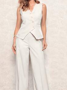 Women's Tailored Suit By Laria: Vertical Vest With Trousers. - White - View 1