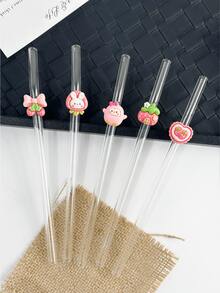 Pink Cartoon Cute Rabbit Series Glass Straws, Transparent Smoothie, Bubble Tea, Juice, Milk, Cocktail, Cold Drink Straws With Rabbit, Bow, Chick, Heart, House Shapes, Reusable Glass Straws For Milkshake, Milk, Tea, Juice, Cocktail, Cold Drinks, Gifts For Girlfriend, Dessert Shop, Soft Drink Bar, Office, Bar, Restaurant - View 2