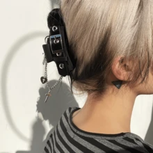 Niche Dark Design Leather Claw Clip Tassel Chain Cross Pendant Hair Claw Elegant Hair Clip Hairpin For Women - Black - View 4