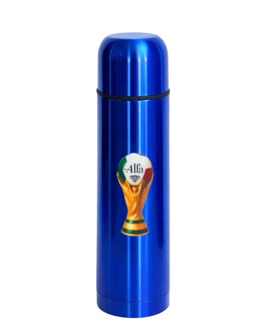 Termo de Acero Inoxidable Diseño Mundial Edición Especial | Conserva Bebidas Calientes y Frías por Horas | Estilo Deportivo Inspirado en Trofeo | Tapa Hermética Multifuncional | Colores Metálicos Vibrantes | Ideal para Café, Té y Regalo Futbolero ⚽ - Azul - Ver 1