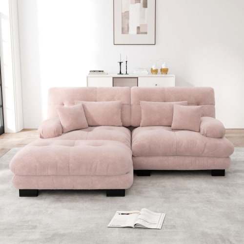 Clouds Corner Sofa In The Living Room, Chenille Double Sofa With 2 Lumbar Pillows And 2 Decorative Cushions, Upholstered Sofa, Wide Armrest With Footrest, Pink Chenille