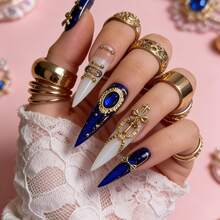 NailChic 10 PCS Handmade Stiletto Press-On Nails | Cyber Baroque Luxury Klein Blue-Gold Acrylic Nails, 3D Ribbon Embellished Sapphire Gemstone - Nhiều màu - Xem 8