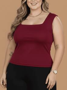 Women's Plus Size Tank Top With Square Neckline, Lined, Elegant - 紅木色 - 查看 3