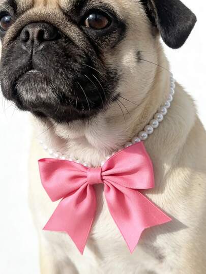 Pink Bow Pearl Necklace, Cute Pet Collar Accessory For Cats And Dogs