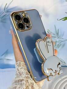 Bunnies New Electroplated Long Ear Rabbit Phone Case, Electroplated Anti-Drop Phone Case + Electroplated Hidden Stand + Full Phone Case Set, Compatible With IPhone 11/12/13/14/16 Pro Max, S22/23/24+, 13C/Note 14 Pro Plus - Blue - View 5