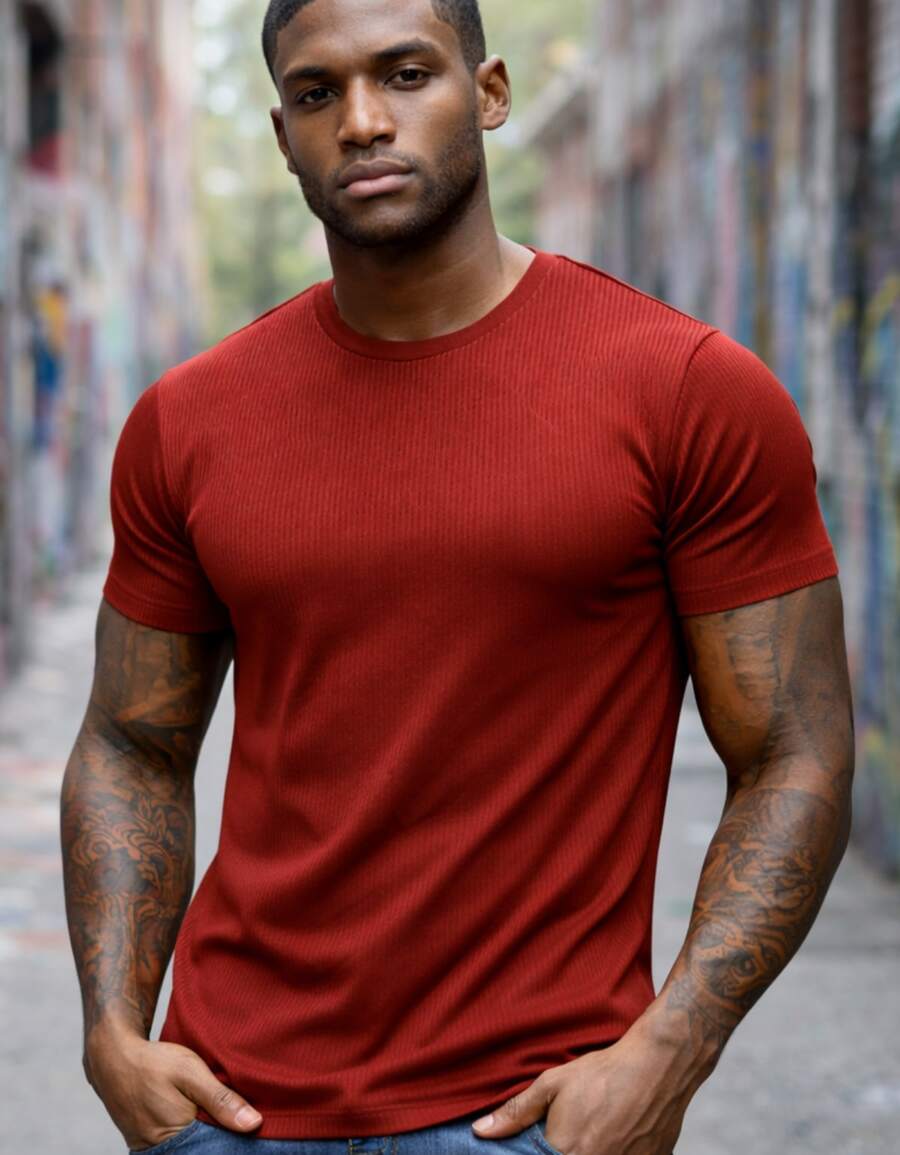 American Style Slim Fit Textured Ribbed Premium T-Shirt - Redwood - View 1