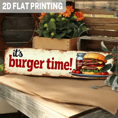 2D Flat Vintage "Burger Time" Metal Wall Art - Retro Diner Burger Poster - Heavy Duty Farmhouse Kitchen Decor, Suitable For Man Cave, Game Room - Burger Lover Gift - No Wiring Easy Hanging - Large Size 4x16 Inches (10x40 Cm), Classic American Style