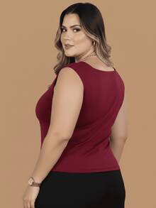 Women's Plus Size Tank Top With Square Neckline, Lined, Elegant - 紅木色 - 查看 2