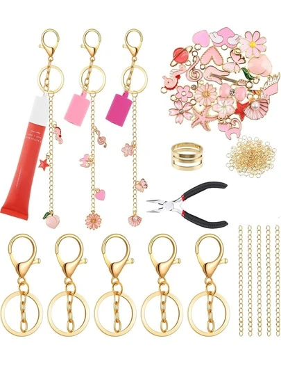 272件粉色/混色/花朵造型吊坠DIY钥匙扣制作套装，含钳子工具，夏季星期五包包挂饰套装，粉色饰品配件，友谊礼物