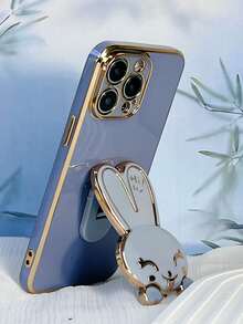 Bunnies New Electroplated Long Ear Rabbit Phone Case, Electroplated Anti-Drop Phone Case + Electroplated Hidden Stand + Full Phone Case Set, Compatible With IPhone 11/12/13/14/16 Pro Max, S22/23/24+, 13C/Note 14 Pro Plus - Blue - View 1