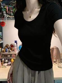 短袖T恤，百搭短袖T恤，女士短袖上衣，修身纯色打底衫，休闲黑色夏季款 - 黑色 - 查看 3