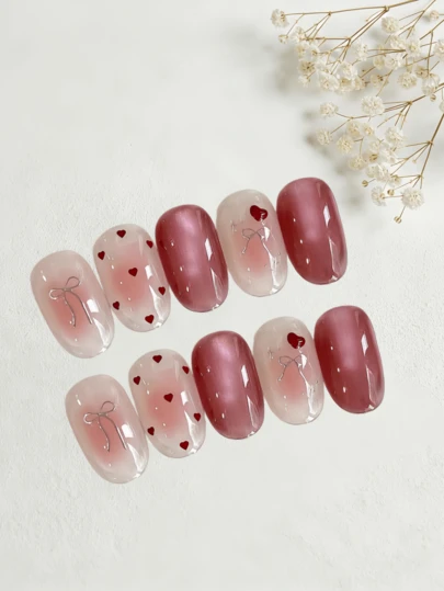 10 piezas de pegatinas de uñas hechas a mano, de estilo corto, decoraciones de arte de uñas, ojo de gato rojo, corazón, diseño de lazo, para estudiantes, damas, citas, fiestas, accesorio para realzar la elegancia