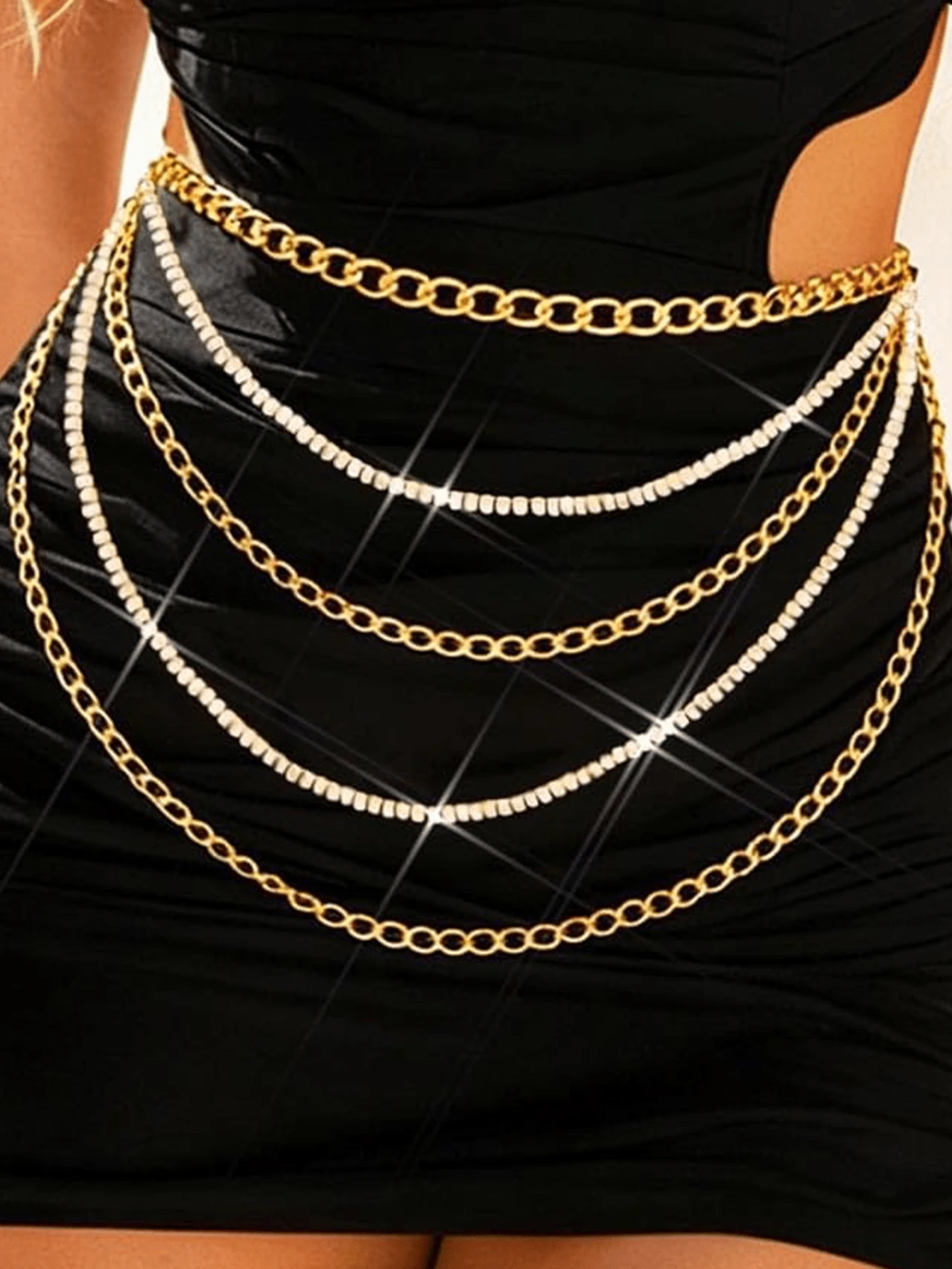 Yanxyad 1条装水钻链条腰带，金色闪亮腰链，时尚身体链饰品，女士款 - 多層腰鍊 - 查看 1