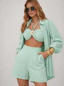 Women's 3-Piece Linen Set (Shirt, Shorts, And Top) - Elegant And Comfortable - 薄荷綠 - 查看 1