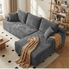 96'' Plush Modern L-Shaped Cloud Sectional Sofa Corduroy Cloud Velvet Modular Couch With Chaise, No Assembly Required Sectional Sofa Living Room Furniture - 深灰色 - 查看 13