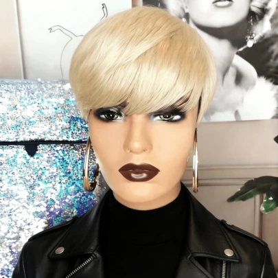 Pixie Cut Wig Human Hair Full Machine Made For Women 99J Burgundy Color Pixie Wig With Bangs Short Layered Wigs Pixie Wig For Daily Use