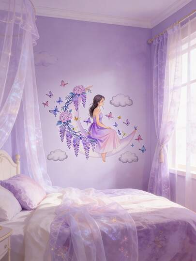 Fairy Tale Moon Princess & Butterfly Wall Stickers | Removable, Waterproof, Tear And Stick Floral Art Wall Decals, Suitable For Girls Bedroom, Dorm Room, Playroom Decor