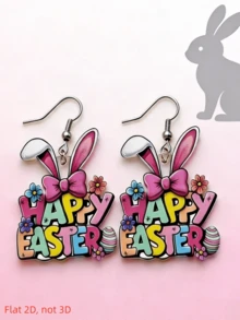 2D Easter Bunny Ear Pendant Earrings, Cute Rabbit Ear Design, Flat Acrylic Earrings, Exquisite Holiday Gift, Suitable For Daily And Holiday Casual Wear - Happy Easter Letters - View 4