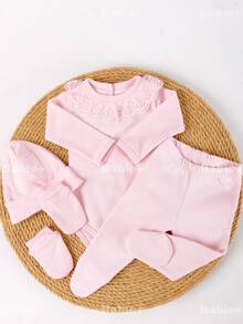 4-Piece Baby Girl Newborn Outfit Set, 100% Hypoallergenic Cotton Suedine With Lace, Pink, Bodysuit, Footed Pants, Hat, Gloves. - Hồng - Xem 8