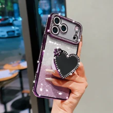 Luxury Sparkling Rhinestone Lens Protection Plated Anti-Drop Phone Case With Glitter Makeup Mirror Stand, Compatible With IPhone 17ProMax, 17Pro, 17, 16Promax, 15, 14 Plus, 13, 12 Pro Max, 11, 17Air, Galaxy, HONOR NOTE, High-Quality Shockproof Protective Cover - Purple - View 4