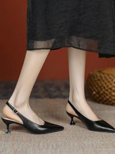 Women's Black High Heels - Elegant Summer Slip-On Pointed Toe Sandals, PU Leather, Sexy Business And Outdoor Street Style, Cooling And Comfortable, Suitable For Travel And Office Wear, Durable Office High Heel Slip-On Sandals