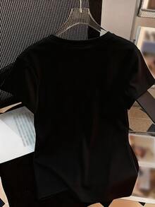 短袖T恤，百搭短袖T恤，女士短袖上衣，修身纯色打底衫，休闲黑色夏季款 - 黑色 - 查看 7