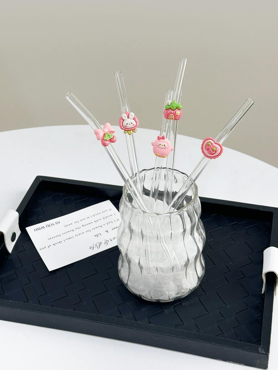 Pink Cartoon Cute Rabbit Series Glass Straws, Transparent Smoothie, Bubble Tea, Juice, Milk, Cocktail, Cold Drink Straws With Rabbit, Bow, Chick, Heart, House Shapes, Reusable Glass Straws For Milkshake, Milk, Tea, Juice, Cocktail, Cold Drinks, Gifts For Girlfriend, Dessert Shop, Soft Drink Bar, Office, Bar, Restaurant - View 1