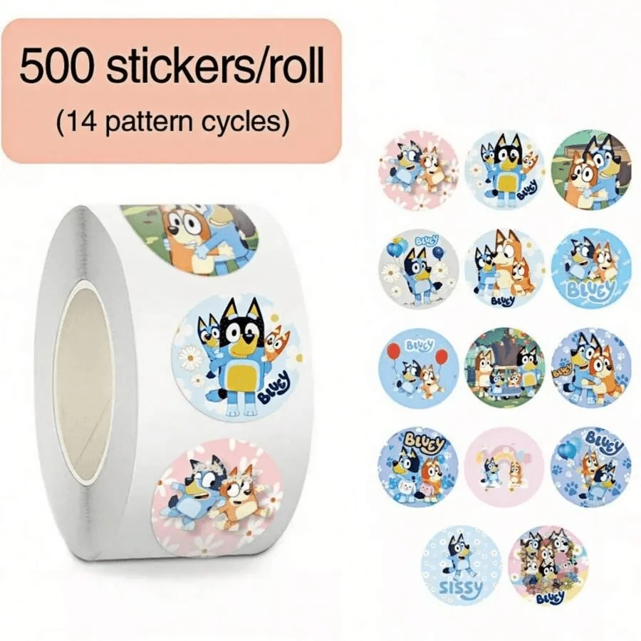 Bluey 500pcs Brui Cartoon Stickers - 10 Cute Designs, Thick & Durable, Suitable For Laptops, Luggage, Notebooks, Great For School, Travel, DIY, Fun Cartoon Sticker Set, Ideal For Kids Projects And Party Favors - Multicolor - View 1