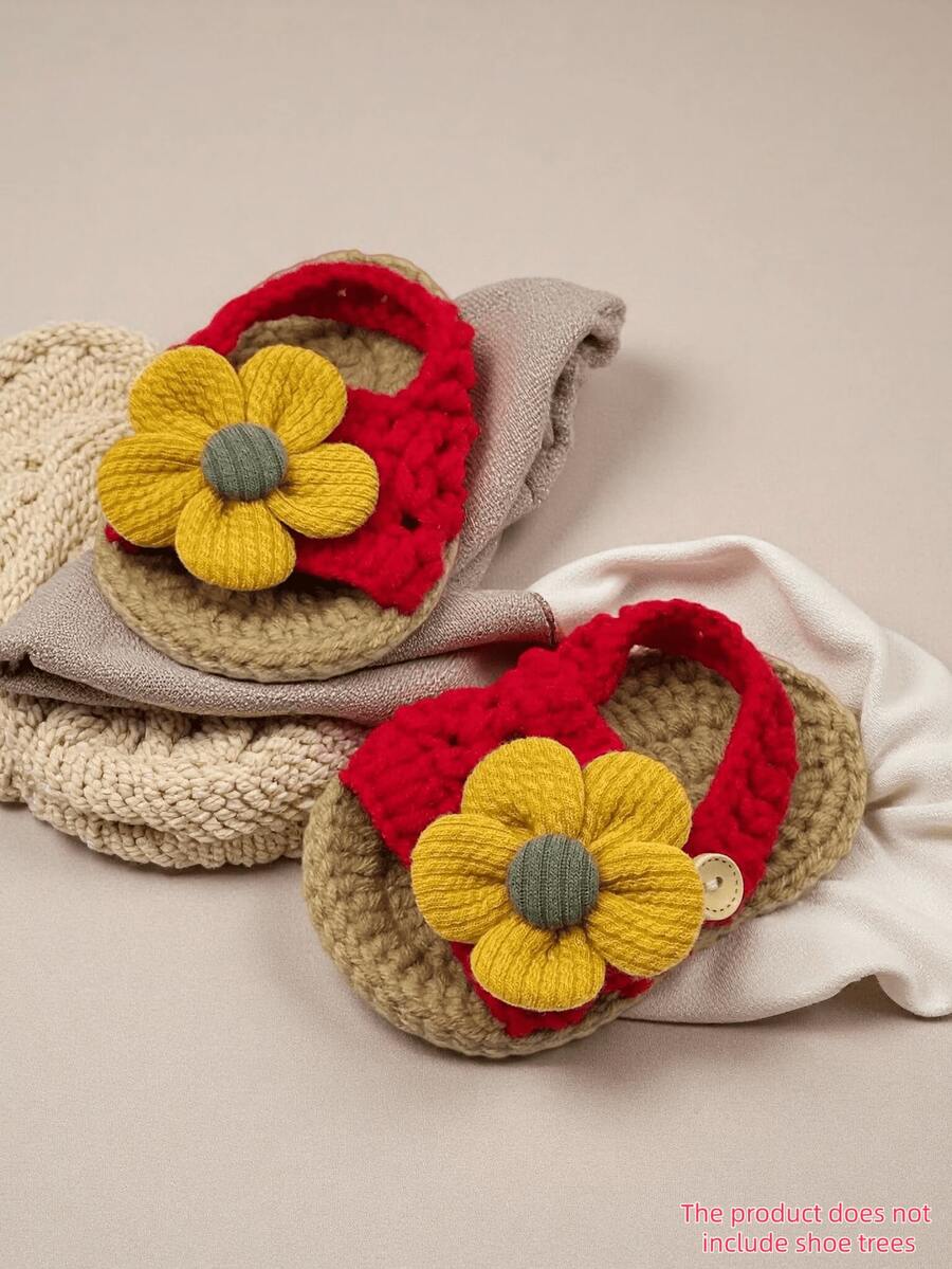 1 双手工钩编婴儿凉鞋，饰以黄色向日葵，米色 - 紅色 - 查看 1