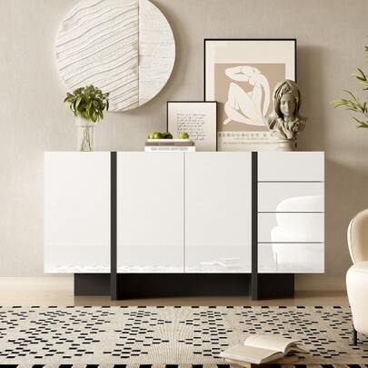 High-Gloss White Dining Room Cabinet, Modern And Minimalist Style With 2 Doors And 4 Drawers, Easy To Clean, Ideal For The Living Room Or Dining Room