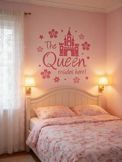 粉色城堡与花朵公主墙贴 | “女王在此居住”标语贴纸 | 可移除、防水、可撕取、可重复使用的儿童房、卧室装饰墙贴