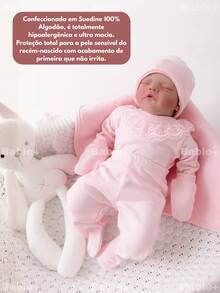 4-Piece Baby Girl Newborn Outfit Set, 100% Hypoallergenic Cotton Suedine With Lace, Pink, Bodysuit, Footed Pants, Hat, Gloves. - Hồng - Xem 2