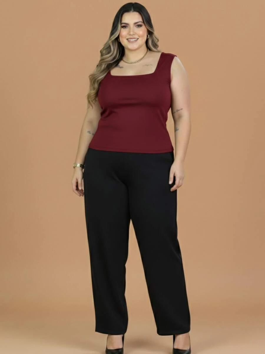 Women's Plus Size Tank Top With Square Neckline, Lined, Elegant - 紅木色 - 查看 1