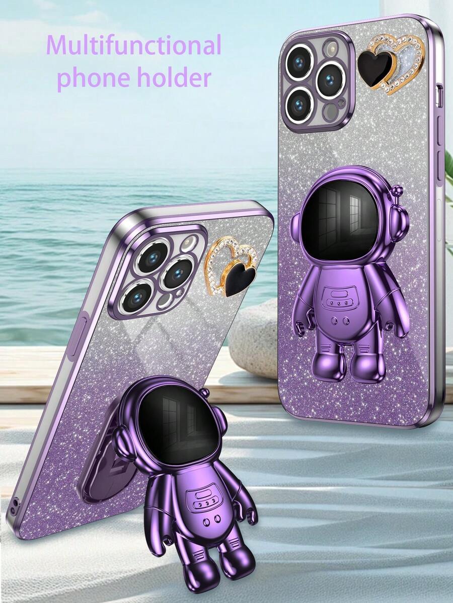 New Electroplated Glitter Transparent Shell Hidden Bracket Astronaut Phone Case, Electroplated Anti-Drop Phone Case Suitable For Zero 30/Pop/Camon/Smart Series, Apple 11/12/13/14/15 Pro Max, S22/23/24+ A04/A05/A14/A15/A24/A25/A34/A54S, 13C+, Moto G, Note 13C/12/11 Pro, Enjoy 20/30/40/50/60/70, HONOR 90/80/70/60/50, X9/X8/X7/X6/X5AB - Purple - View 1
