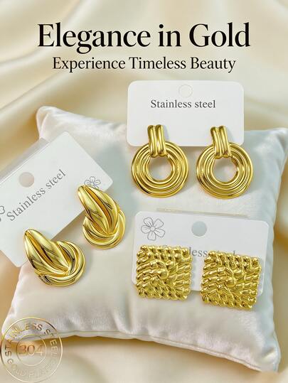 Sturdy Stainless Steel Earrings, Golden Geometric-Shaped Stainless Steel Jewelry, Ladies' Earrings, Pituitary Earrings, Gold-Plated Hinge Round Earrings, Bamboo, Texture, Diamond Cutting, Hexagon, Square, Circle, Butterfly Shape, Design, Sturdy Hypoallergenic Earrings, Suitable For Sensitive Ears, Ladies' Charming Accessories, Middle Eastern Fashionable Jewelry, Ramadan Decorative Jewelry And Accessories, Party And Festival Gifts (1/3 Pairs)