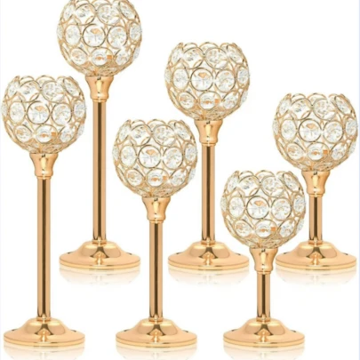 Juego de 6 portavelas de cristal dorado. Decoración del hogar. Portavelas desmontables. Adecuado para decoración de bodas. Decoración de ambiente para fiestas de hotel. Decoración de mesa central. Decoración de ambiente para Navidad, Halloween, Día de San Valentín