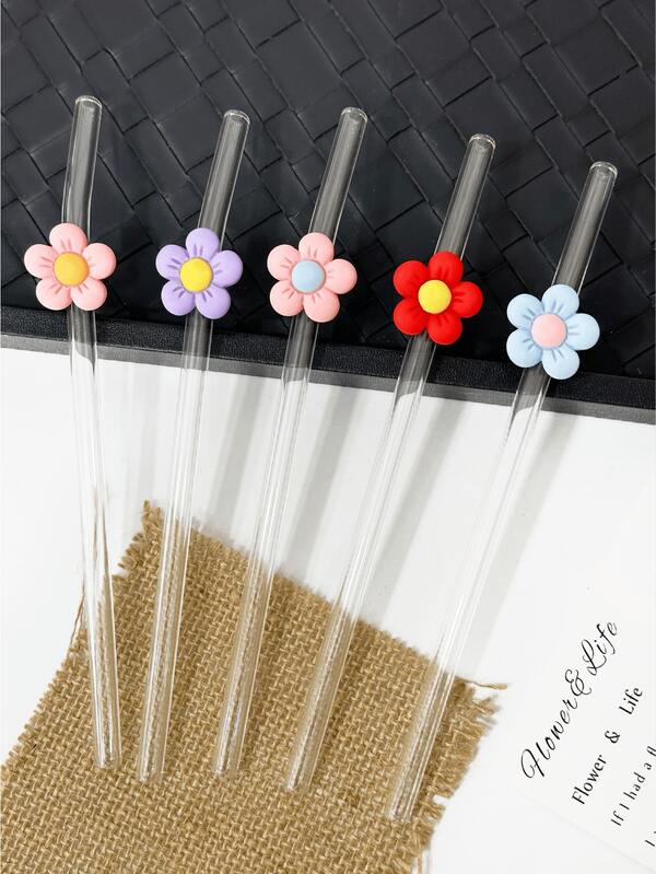 Cute Floral Glass Straws, Transparent Smoothie, Bubble Tea, Juice, Milk, Cocktail, Cold Drink Reusable Bent Glass Straws, Suitable For Water Cups, Milkshakes, Tea, Juice, Cocktails, Cold Drinks, Gifts For Girlfriends, Dessert Shops, Soft Drinks, Snack Bars, Offices, Bars, Restaurants