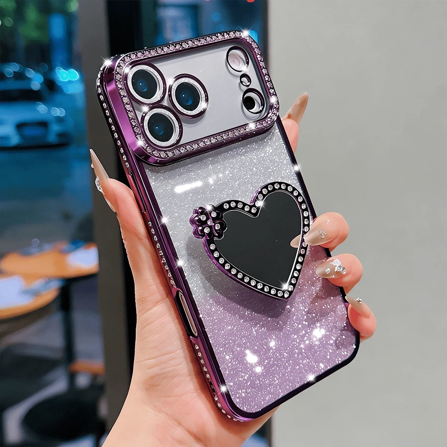 Luxury Sparkling Rhinestone Lens Protection Plated Anti-Drop Phone Case With Glitter Makeup Mirror Stand, Compatible With IPhone 17ProMax, 17Pro, 17, 16Promax, 15, 14 Plus, 13, 12 Pro Max, 11, 17Air, Galaxy, HONOR NOTE, High-Quality Shockproof Protective Cover