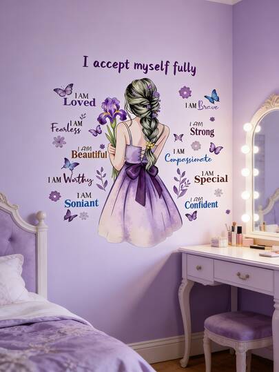 Inspirational Butterfly & Flower Girl Wall Decal | Removable, Waterproof, Peelable Self-Care Motivational Quote Art Sticker, Suitable For Girl's Bedroom, Nursery And Home Decor